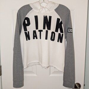 BRAND NEW PINK Victoria's Secret Nation Gray White Raglan Raw Hem Crop Hoodie -